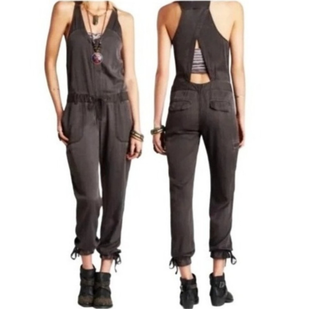 Free People Womens 2 Roaring Rayon Faded Look Black Utilitarian Jumpsuit
